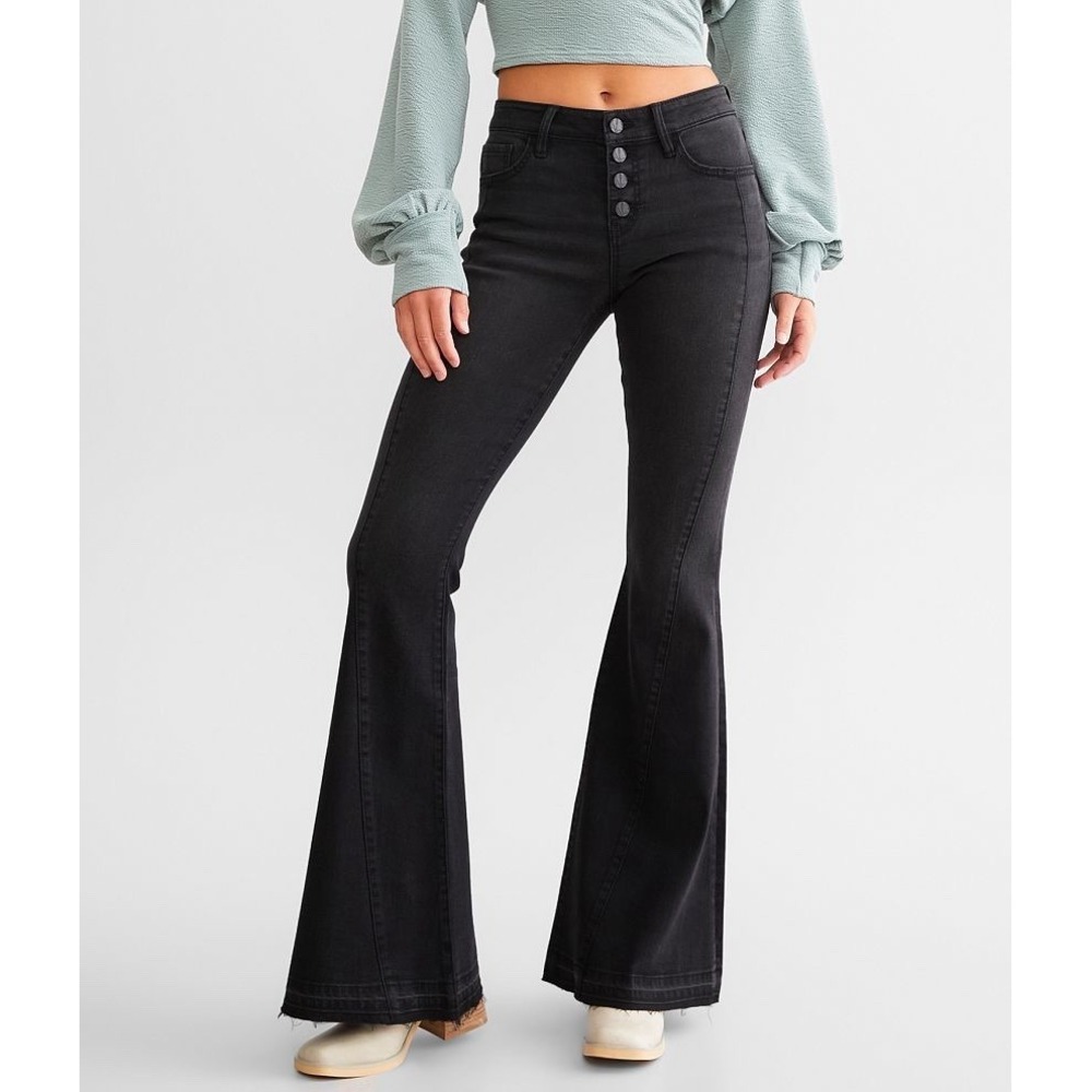 Kancan Ultra High Rise Super Flare Raw Hem Jeans Black Bell Bottom Sz 28 C35